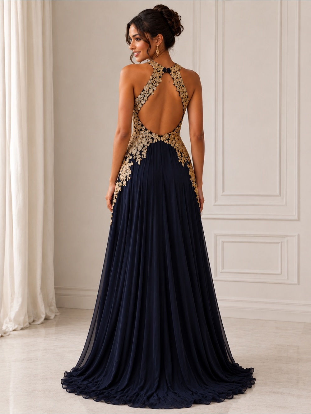 Black  Halter Evening Gown with Gold Lace Appliqué - Picture 2 of 5